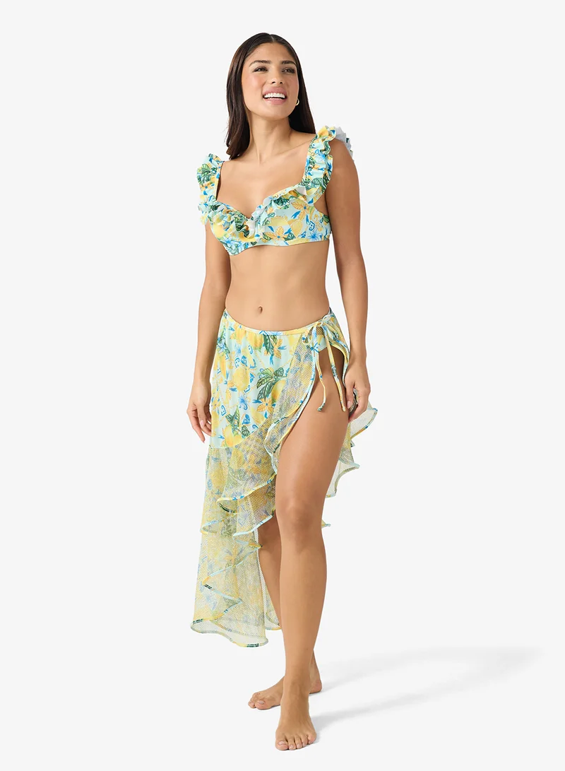 جينجر 3Pc Floral Bikini Set With Assymetric Skirt